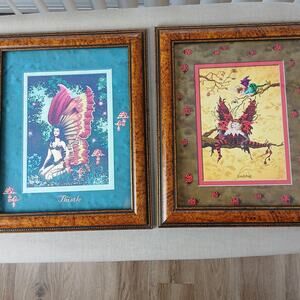 Two Fairy Framed Wall Art Prints "Thistle" and "Ladybug" faery whimsey cottage